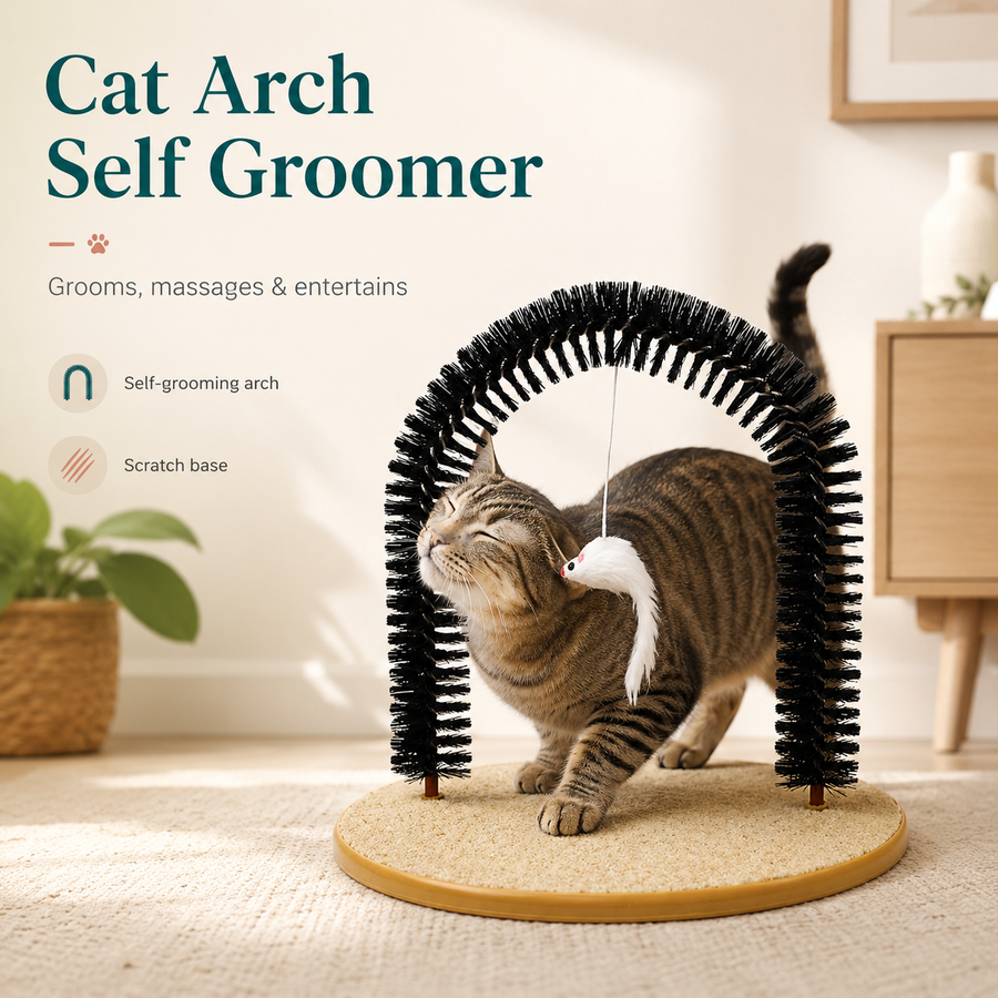 A brown tabby cat stands under a black self-grooming brush arch on a round beige scratching base in a bright indoor room. Text on the left reads 'Cat Arch Self Groomer' with features listed below.