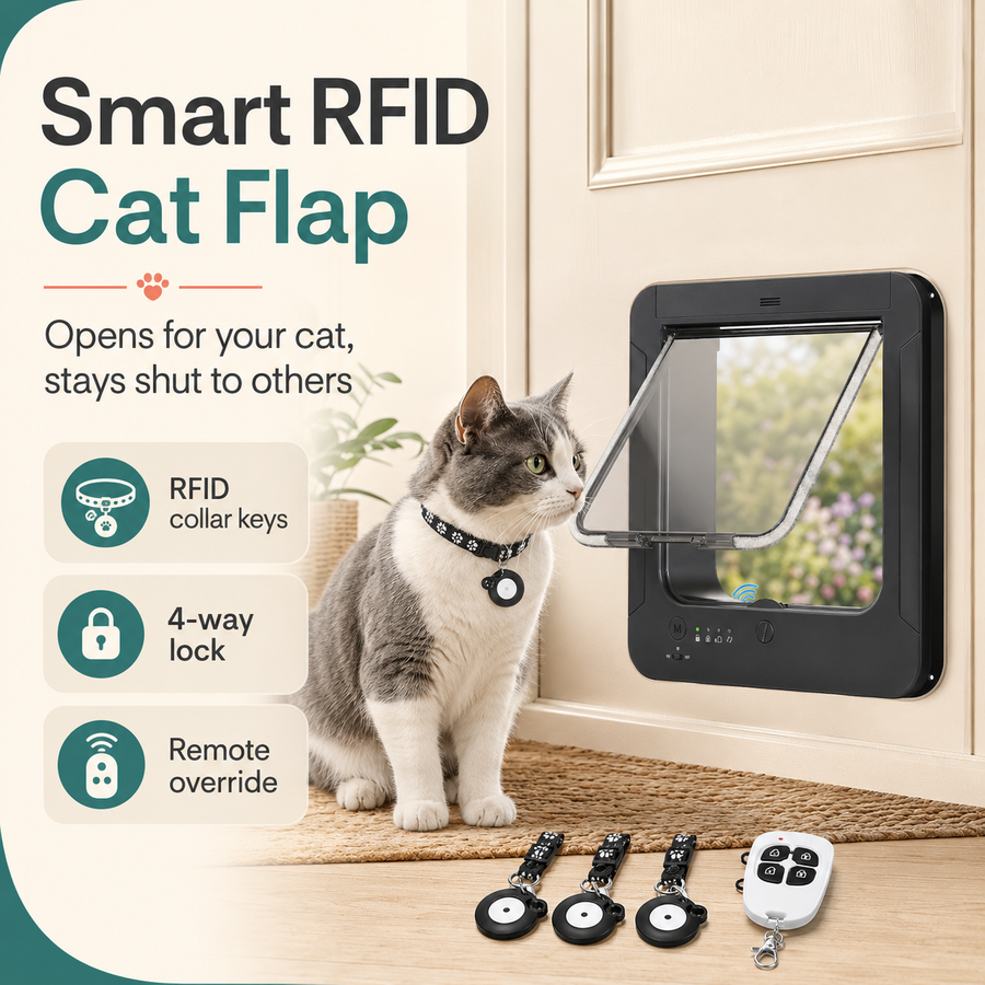 Smart RFID cat flap shown installed on a beige door, with a gray-and-white cat sitting beside it. The product includes a black rectangular flap door, a remote, and three RFID collar keys, with marketing text on the left describing RFID collar keys, 4-way lock, and remote override.