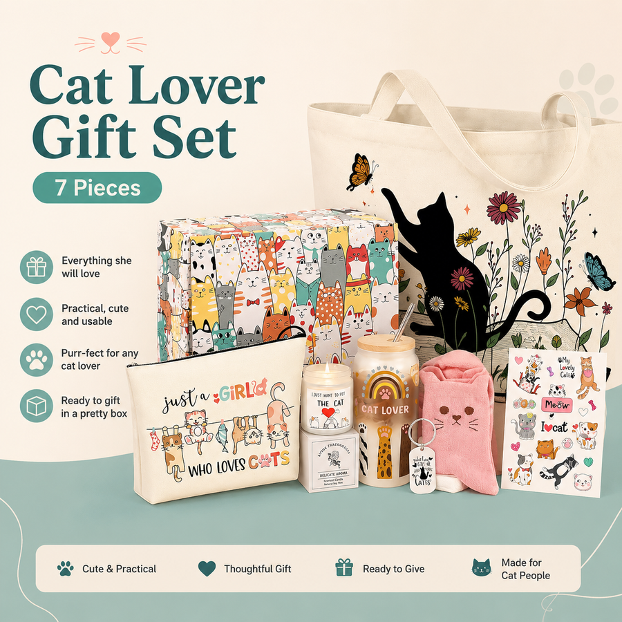 A cat-themed gift set displayed on a light beige background with decorative text and icons. The set includes a large cream canvas tote bag with a black cat and floral print, a wrapped gift box covered in colorful cat illustrations, a cream pouch reading 'just a GIRL who LOVES CATs', two small jars labeled 'The Cat Lover' and 'Purr-ect', a pink plush cat toy, and a printed card or booklet.