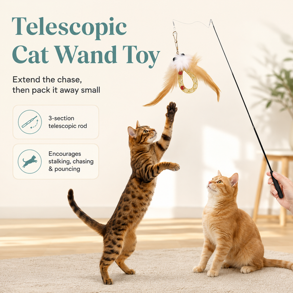 A cat wand toy with a feather and ring dangling from a long telescopic rod is shown in a bright indoor room with two cats. One cat stands on its hind legs reaching toward the toy, while another sits nearby.