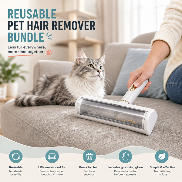 A reusable pet hair remover bundle being demonstrated on a gray sofa with a long-haired cat. A person's hand and arm are visible holding the white and gold pet hair remover, and the scene is set in a bright, modern living room.