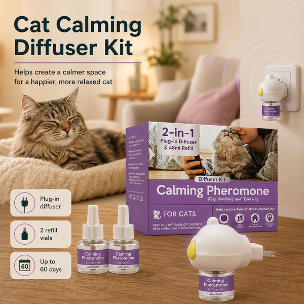Cat calming diffuser kit shown with a large cat lying on a blanket in a living room, a product box, two small bottles of Calming Pheromone liquid, a plug-in diffuser, and informational callouts on a warm beige background.