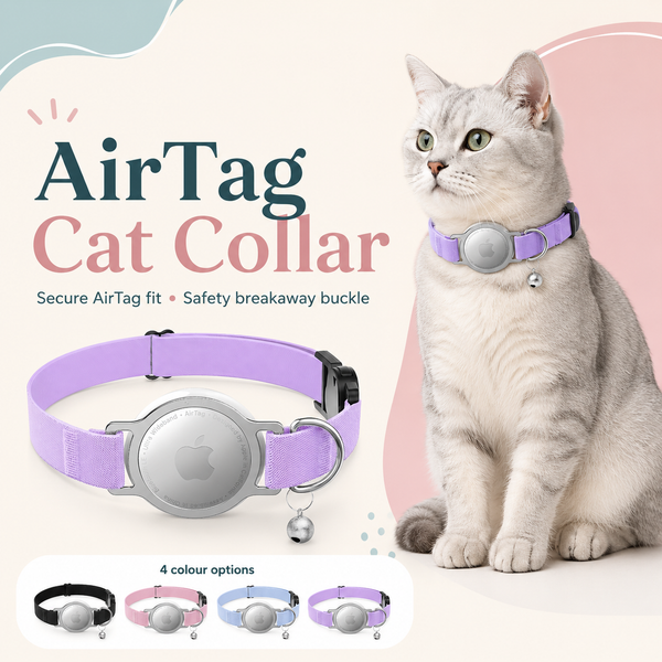 Purple fabric AirTag cat collar with a silver metal tracker and bell, shown on a white cat and as a standalone product on a pastel graphic background. Small thumbnails at the bottom show other color options.