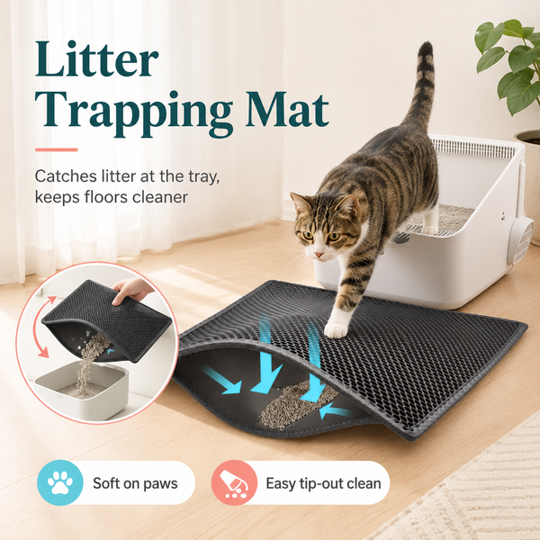 A cat walks over a black litter trapping mat placed on a wooden floor next to a white litter box. The image includes marketing text reading 'Litter Trapping Mat' and feature callouts such as 'Catches litter at the tray, keeps floors cleaner,' 'Soft on paws,' and 'Easy tip-out clean.