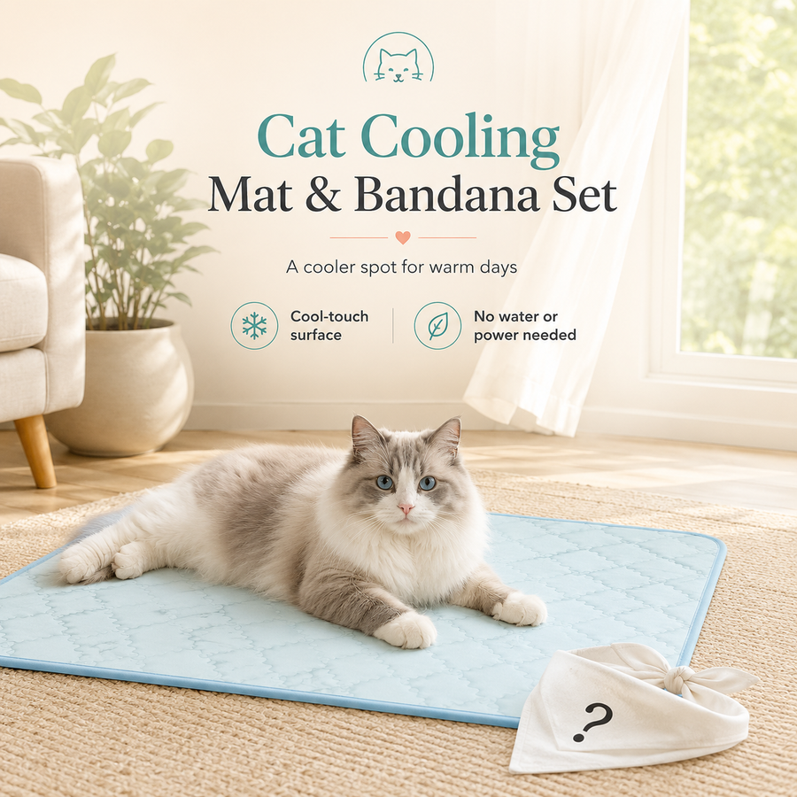 A fluffy gray-and-white cat lies on a light blue cooling mat in a bright room, with a white bandana placed nearby. Text on the image reads 'Cat Cooling Mat & Bandana Set' with icons describing cool-touch surface and no water or power needed.