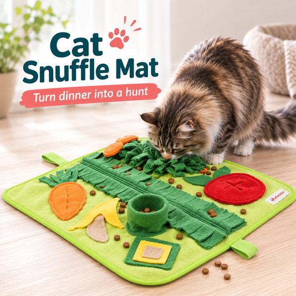 A fluffy brown and cream cat is sniffing a green felt cat snuffle mat with colorful carrot, leaf, and treat pieces on a light wood floor. The words 'Cat Snuffle Mat' and 'Turn dinner into a hunt' are overlaid in the top left.