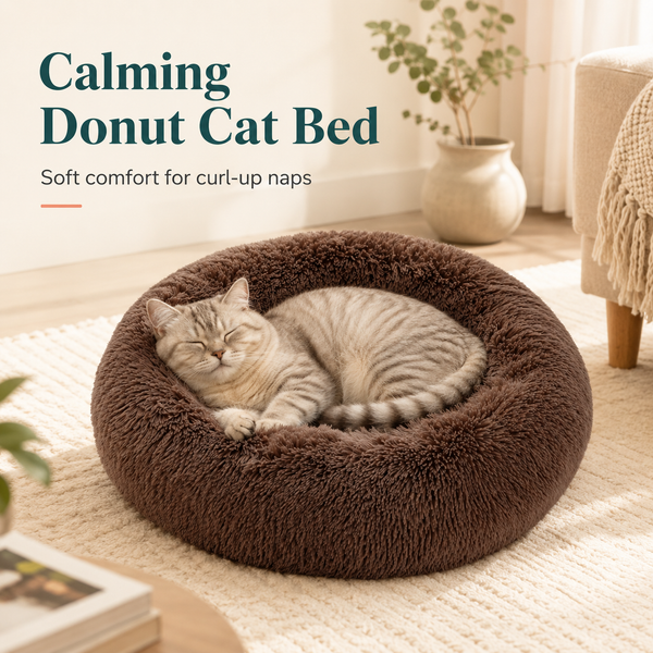 A gray tabby cat sleeps curled up inside a plush round brown cat bed on a light rug in a bright room. Text on the left reads 'Calming Donut Cat Bed' with 'Soft comfort for curl-up naps'.