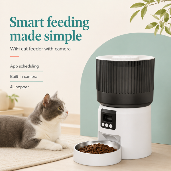 A smart automatic cat feeder with a built-in camera and app scheduling, shown next to a gray and white cat on a light rug. The feeder has a white base, a black ribbed top hopper, and a stainless steel food bowl filled with kibble.